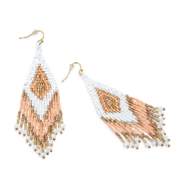💕Spring New Coral Orange Gold White Beaded tassel boho western tribal earrings - Picture 2 of 3